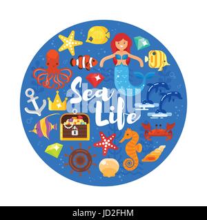 Vector flat style circle composition with sea life icons. Icon for web. Isolated on white background. Stock Vector