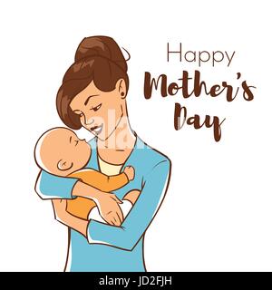 Vector hand drawn colorful illustration of happy mother with a newborn baby. Mother's day greeting card template. Stock Vector