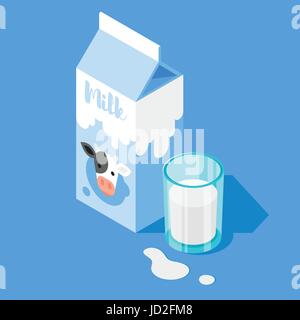 Vector 3d isometric illustration of milk packing and a glass of milk on blue background. Icon for web. Stock Vector