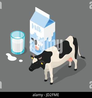 Vector 3d isometric illustration of milk packing, glass of milk and a cow on grey background. Icon for web. Stock Vector