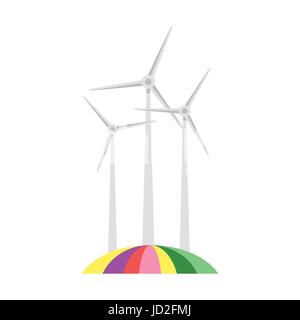 Vector flat style illustration of wind mill on colorful field. Icon for web. Isolated on white background. Stock Vector