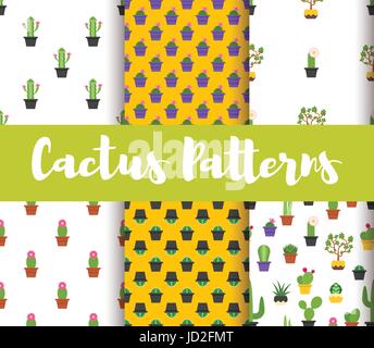 Vector flat style set of patterns with cactus. Stock Vector