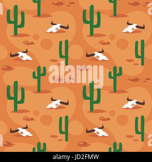 Vector cartoon style seamless pattern with desert surface with cactus and cow skull Stock Vector