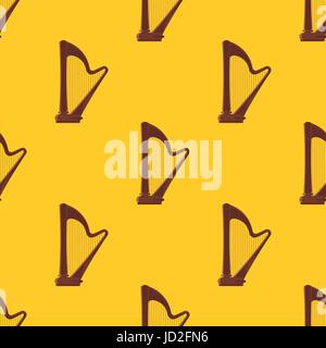 Vector flat style seamless pattern with antique musical instrument harp on yellow background. Stock Vector