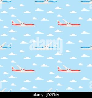 Vector flat style seamless pattern with plane flying in the sky. Stock Vector