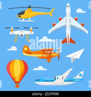 Vector flat style set of colorful air transport. Icons for web. Stock Vector