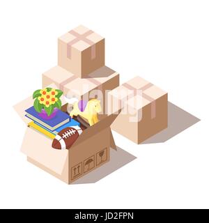 Vector isometric illustration of paper boxes with various things from house. Concept for home moving. Isolated on white background. Stock Vector