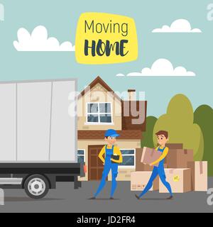 Vector cartoon style illustration of loaders movers man carrying cardboard boxes. House, paper boxes and a truck. Concept for home moving. Stock Vector