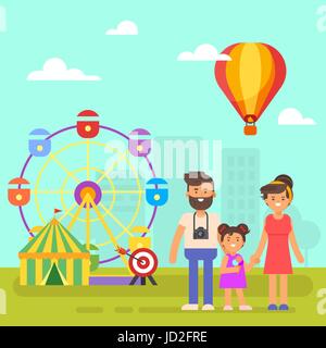 Vector flat style illustration of amusement park for kids. Happy family on a  weekend. Stock Vector