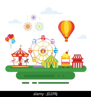 Vector flat style illustration of amusement park for kids. Isolated on white background. Stock Vector