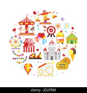 Vector flat style round composition of amusement park symbols. Isolated on white background. Stock Vector