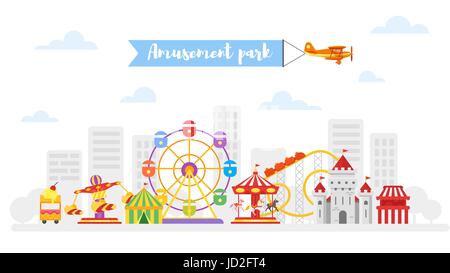 Vector flat style illustration of amusement park for kids. Isolated on white background. Stock Vector