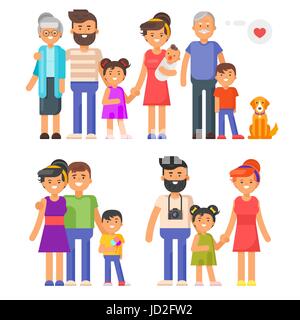 Vector flat style family set. Parents, grandparents, kids. Isolated on white background. Stock Vector