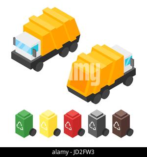 Vector isometric garbage truck. Back and front view. Icon for web. Isolated on white background. Stock Vector