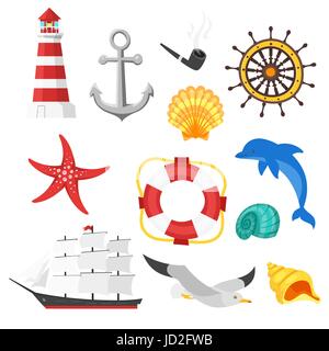 Vector cartoon style set of sea objects. Icon for web. Isolated on white background. Stock Vector