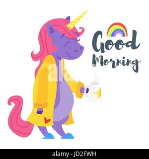 Vector cartoon style illustration of happy unicorn drinking tea in the morning. Template for 'Good Morning' card or poster. Isolated on white backgrou Stock Vector