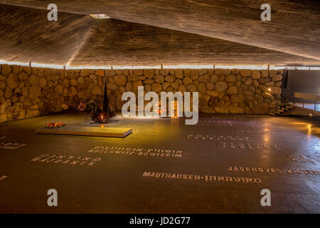 Names of Jewish concentration camps in the Hall of Remembrance in Yad Vashem museum, The Holocaust memorial, Jerusalem. Stock Photo
