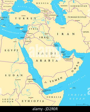 Middle East political map with capitals and national borders. Transcontinental region centered on Western Asia and Egypt. Also Middle-Eastern. Stock Photo