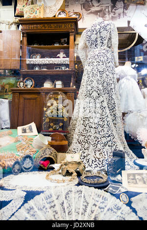 A display of Belgian lace in Bruges, Belgium Stock Photo