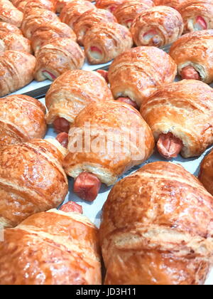 Closed up Sausage croissant in the food shop Stock Photo