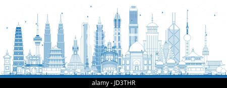 Outline Famous Landmarks in Asia. Vector Illustration. Business Travel and Tourism Concept. Image for Presentation, Banner, Placard and Web Site Stock Vector