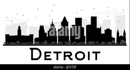 Detroit City skyline black and white silhouette. Simple flat concept for tourism presentation, banner, placard or web site. Cityscape with landmarks.  Stock Vector