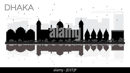 Dhaka City skyline black and white silhouette with reflections. Vector illustration. Cityscape with landmarks. Stock Vector
