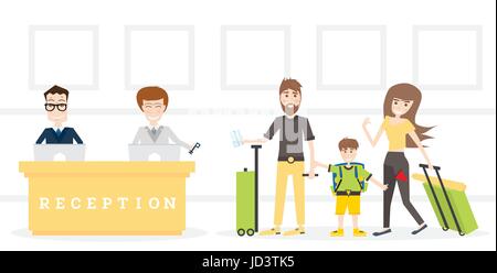 Family on Reception in Hotel Get Key from Room. Vector Illustration. Stock Vector