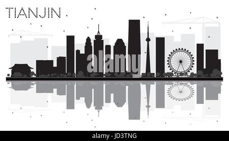 Tianjin City skyline black and white silhouette with reflections. Vector illustration. Cityscape with landmarks. Stock Vector