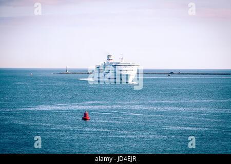 large Brittany Ferries ferry Pont Aven sailing into port, Plymouth Sound, The Hoe, Devon, England, UK Stock Photo