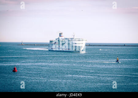 large Brittany Ferries ferry Pont Aven sailing into port, Plymouth Sound, The Hoe, Devon, England, UK Stock Photo