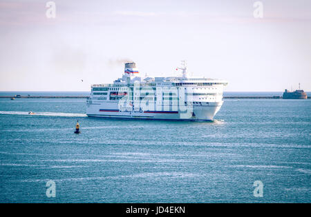 large Brittany Ferries ferry Pont Aven sailing into port, Plymouth Sound, The Hoe, Devon, England, UK Stock Photo