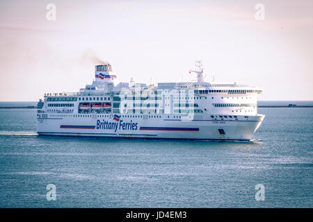 large Brittany Ferries ferry Pont Aven sailing into port, Plymouth Sound, The Hoe, Devon, England, UK Stock Photo