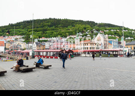BERGEN, NORWAY - 1 JUNE , 2017: People at the Fish Market Square by port Stock Photo
