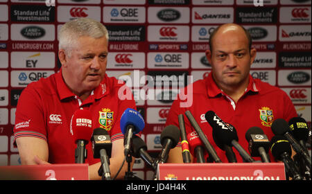 British and Irish Lions coach Warren Gatland and Rory Best during the press conference at the Hamilton Novotel. Stock Photo