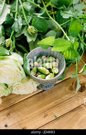 nature, floral design, gardening, environment concept - close-up of little metal bowl with green acorns and fresh bunch of creamy blooming bud of roses with stems and leaves on wooden board Stock Photo