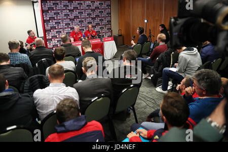 British and Irish Lions coach Warren Gatland and Rory Best during the press conference at the Hamilton Novotel. Stock Photo