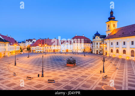 Sibiu, Romania. Large Square (Piata Mare) with the City Hall and Brukenthal palace in Transylvania. Stock Photo