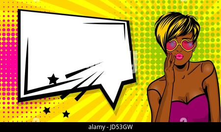 Cool woman pop art comic text speech box Stock Vector