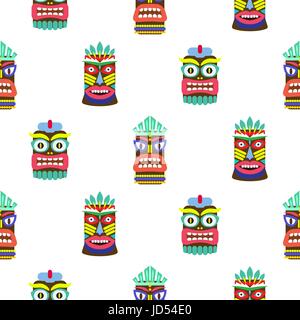 Hawaiian tiki mask seamless bright on white pattern vector. Totem symbols colorful tileable background. Stock Vector