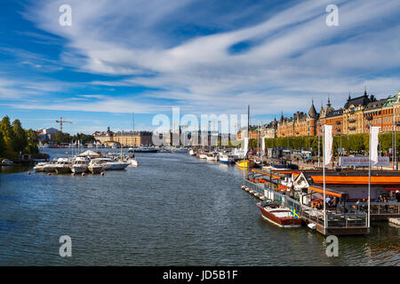 STOCKHOLM - SEPTEMBER, 15, 2016: Boats along small harbor in center of Stockholm Stock Photo