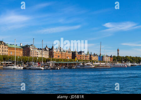 STOCKHOLM - SEPTEMBER, 15, 2016: Boats along small harbor in center of Stockholm Stock Photo