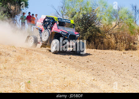 EXTREMADURA, SPAIN - JUN 17: Driver and codriver Participing in TT Spanish Rally Championship. Badajoz,  Dehesa de Extremadura. Stock Photo