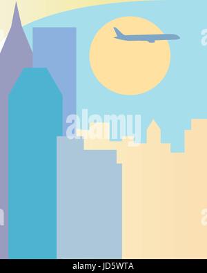Abstract modern cityscape. Flying airplane over the modern city Stock Vector