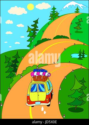 Car traveling on vacation on a mountain road Stock Vector