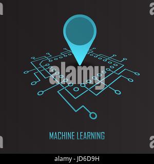 Main integrated circuit chip with geo location mark modern machine learning concept. Artificial intelligence idea vector illustration Stock Vector