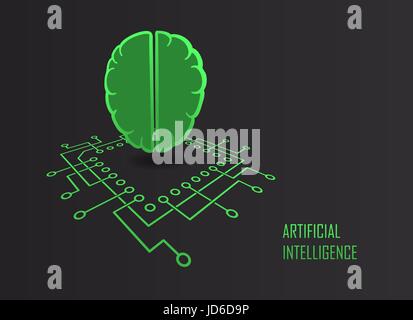 Artificial intelligence modern technology sign with cpu processor and brainl form machine learning self development concept. Vector illustration. Stock Vector