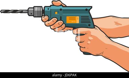 Drill in hand. Building, repair, housework, construction tool concept. Cartoon vector illustration Stock Vector