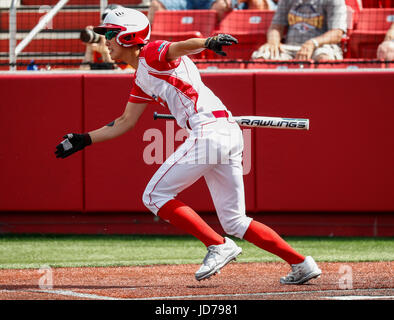 Chicago, USA. 18th June, 2017. Eagles' Xi Kailin follows through during a National Pro Fastpitch softball game between the Beijing Shougang Eagles and the Chicago Bandits at the Ball Park at Rosemont in Chicago, Illinois, the United States, June, 18, 2017. Credit: Joel Lerner/Xinhua/Alamy Live News Stock Photo