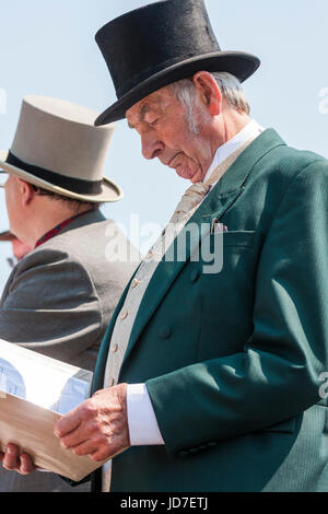 Caucasian senior man, 60s, dressed up in Victorian costume as part of a re-enactment. Side view, long grey sideburns and wearing glasses, spectacles, looking downward while reading. Stock Photo